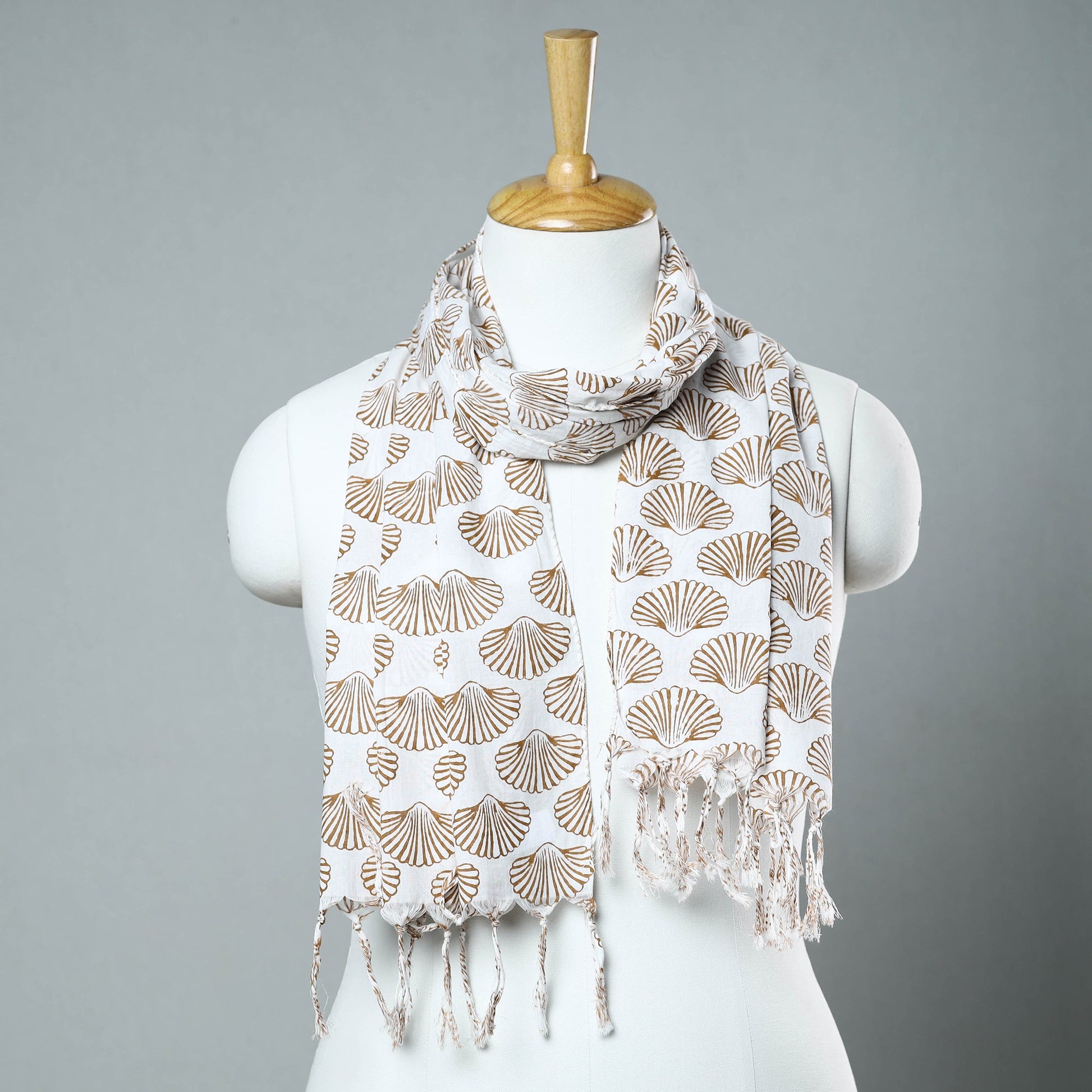 Brown - Sanganeri Block Printed Cotton Stole with Tassels 51