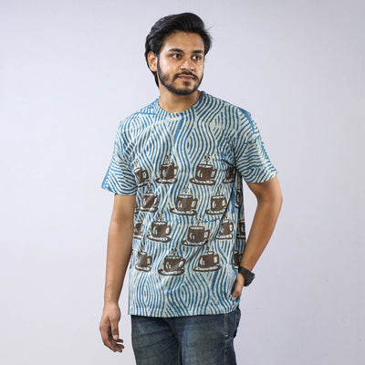 Blue - Bindaas Block Art Printed Cotton Round Neck T-shirt