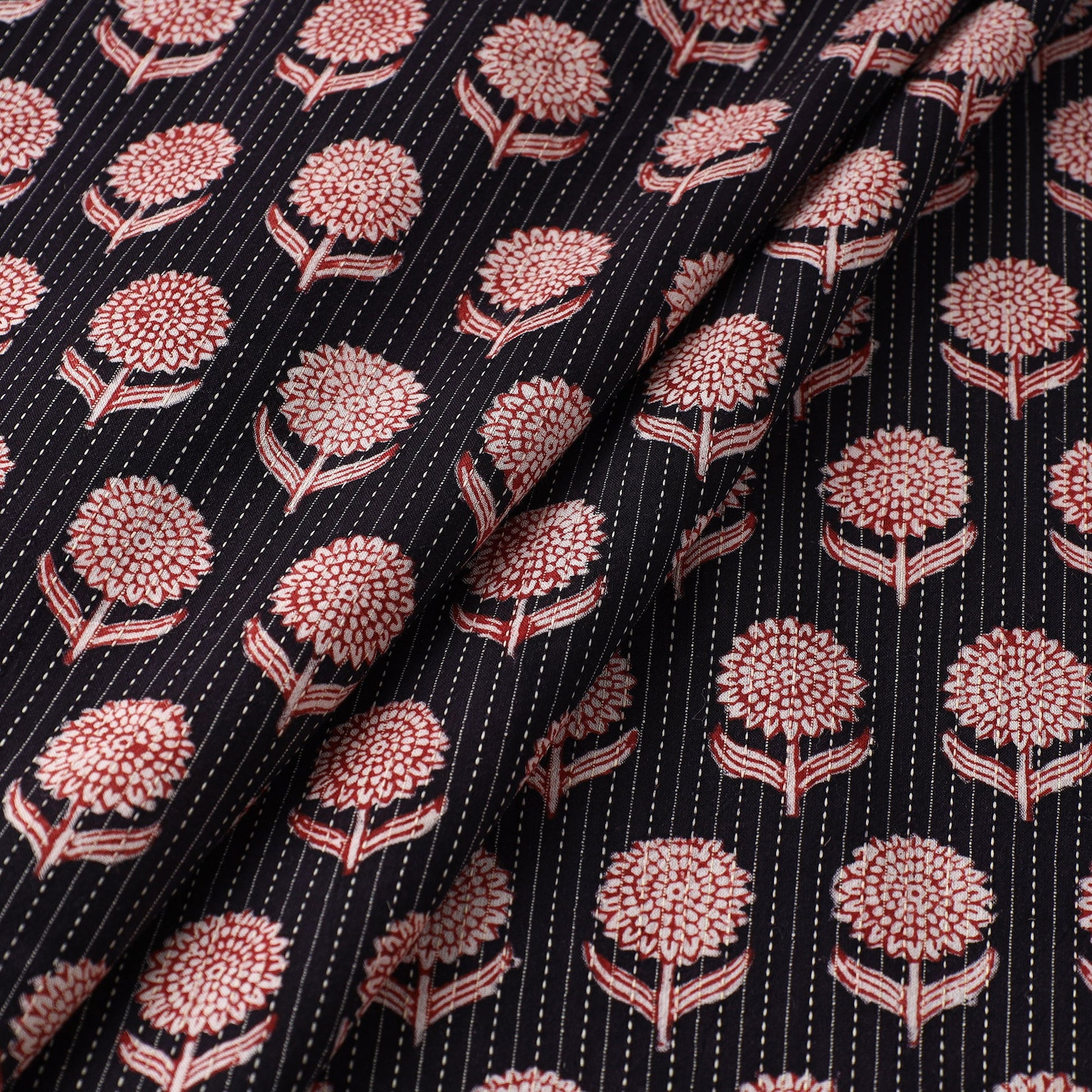 Black - Bagh Block Printed Kantha Style Cotton Fabric 27