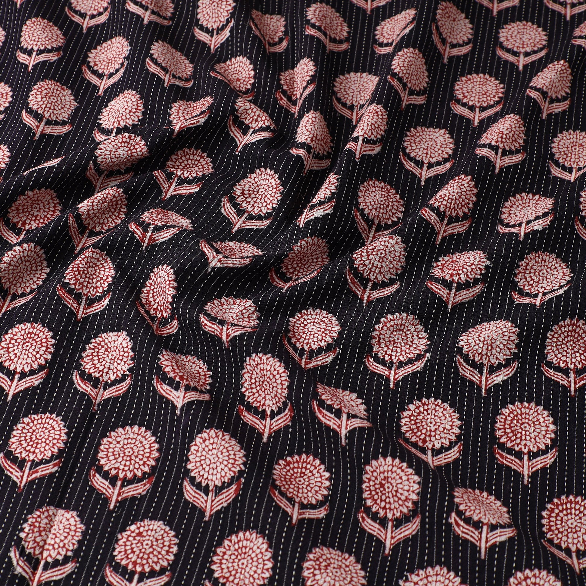 Black - Bagh Block Printed Kantha Style Cotton Fabric 27