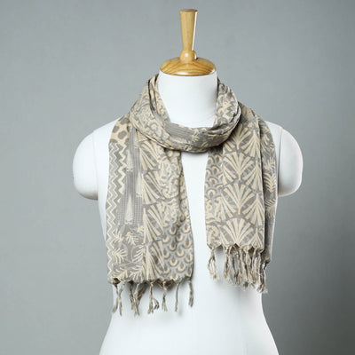 Brown - Sanganeri Block Printed Cotton Stole with Tassels 81