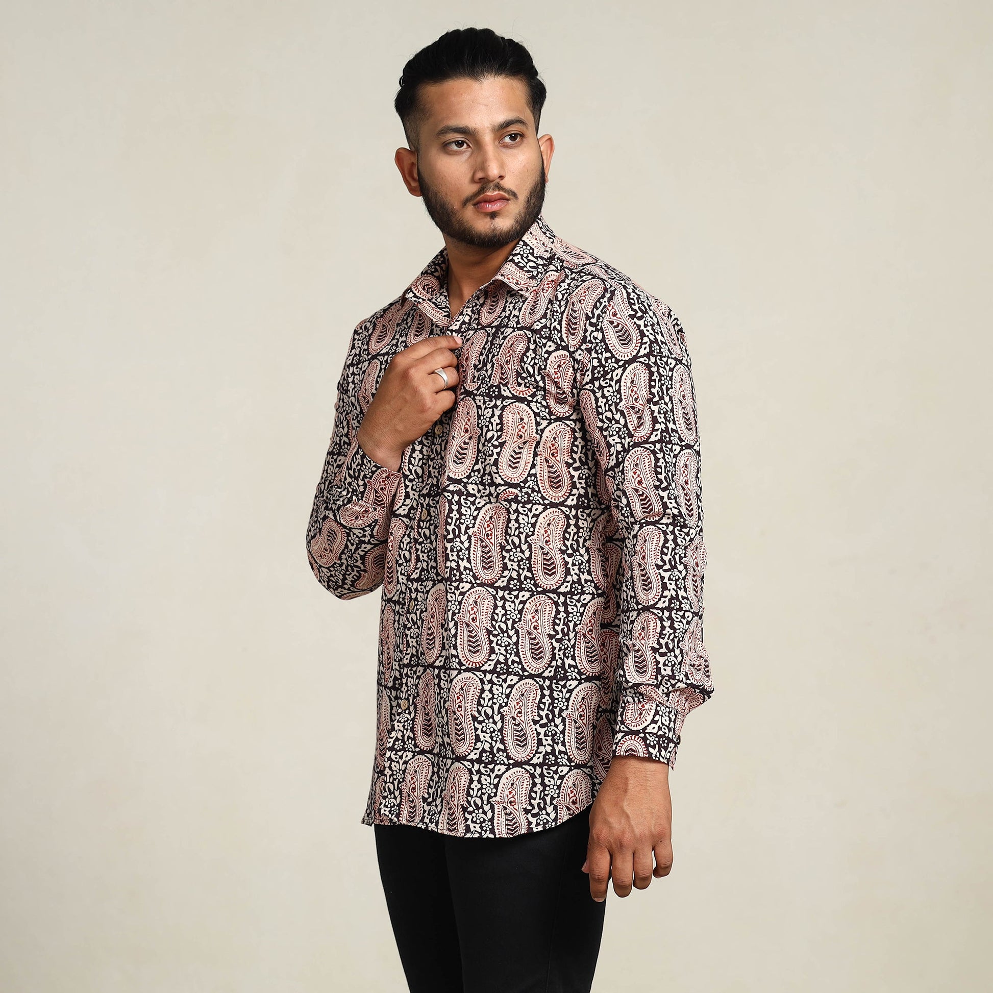 Black - Bagh Hand Block Printed Cotton Men Full Sleeve Shirt
