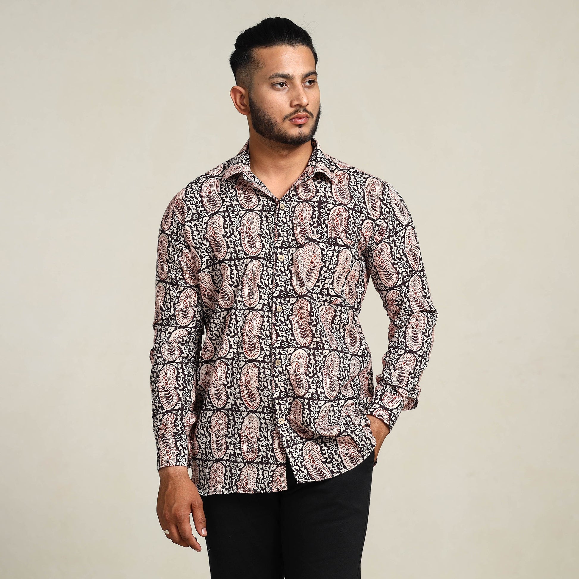 Black - Bagh Hand Block Printed Cotton Men Full Sleeve Shirt