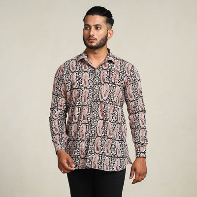 Black - Bagh Hand Block Printed Cotton Men Full Sleeve Shirt