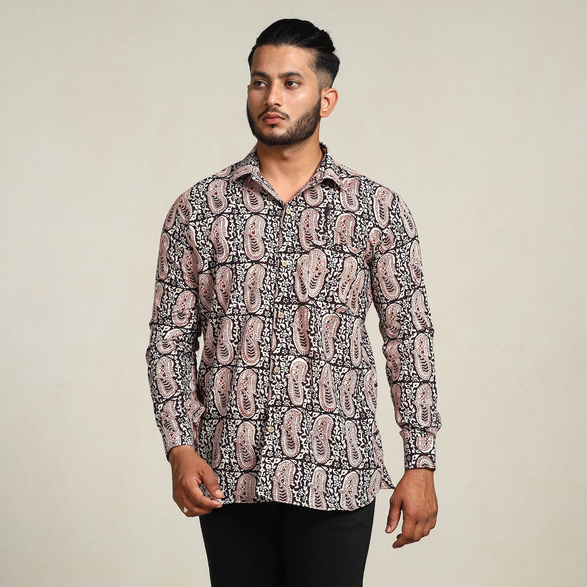 Black - Bagh Hand Block Printed Cotton Men Full Sleeve Shirt
