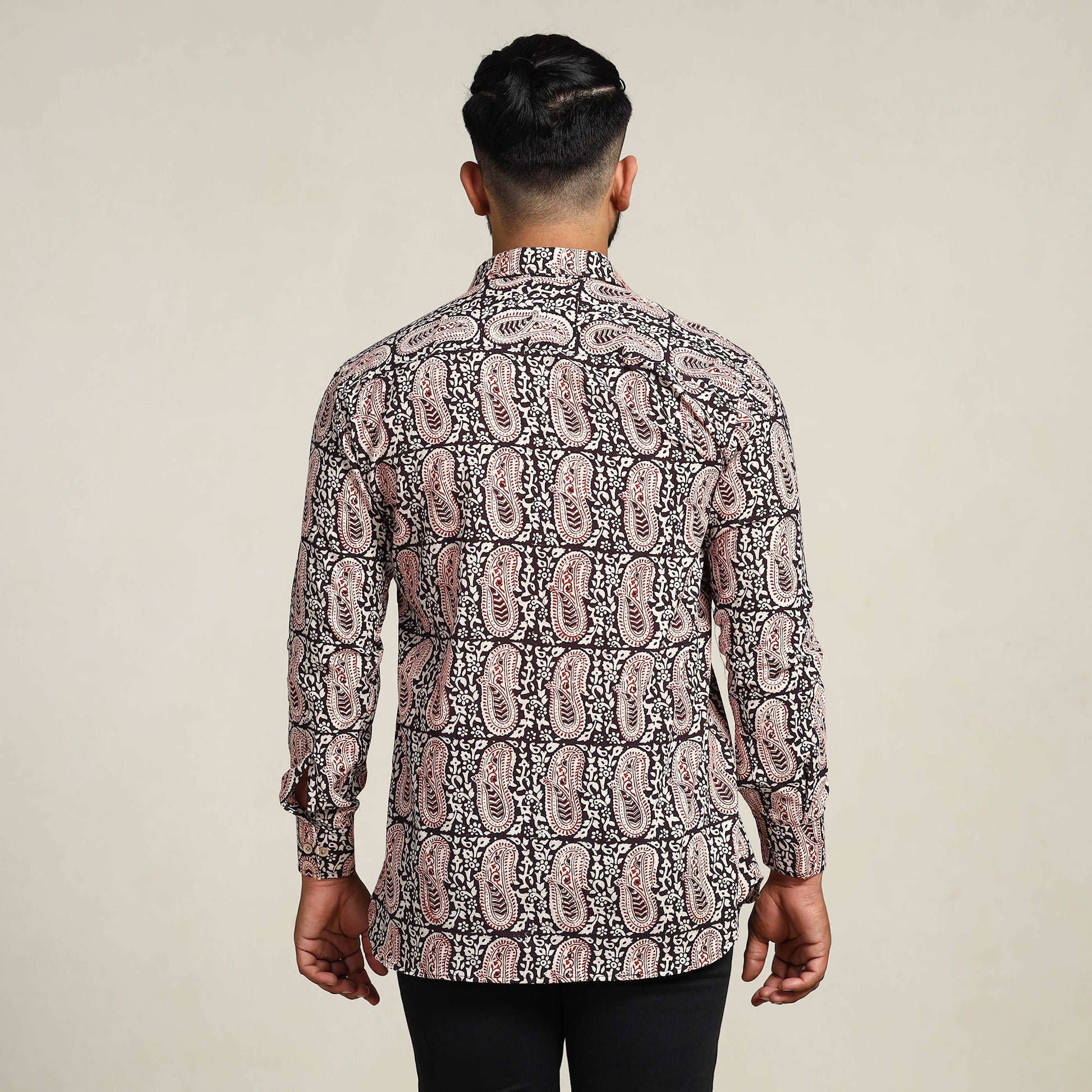 Black - Bagh Hand Block Printed Cotton Men Full Sleeve Shirt