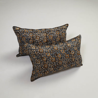 Black - Set of 2 Kalamkari Block Print Cotton Pillow Covers 11
