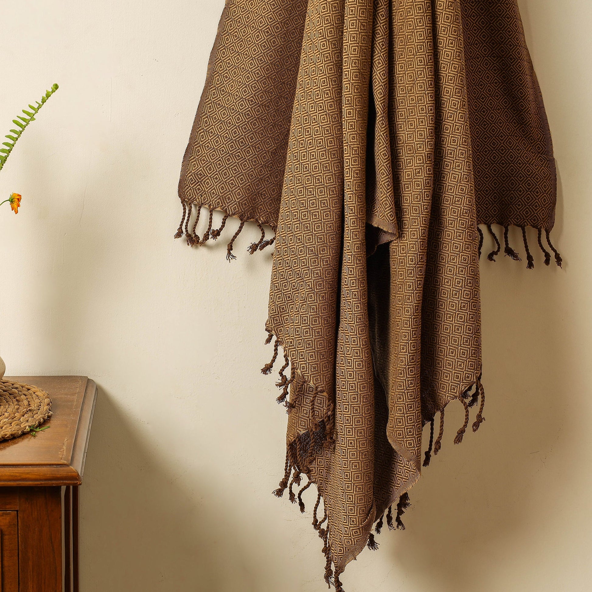 Brown - Handloom Cotton Towel with Tassels from Bijnor by Nizam