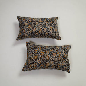 Black - Set of 2 Kalamkari Block Print Cotton Pillow Covers 11