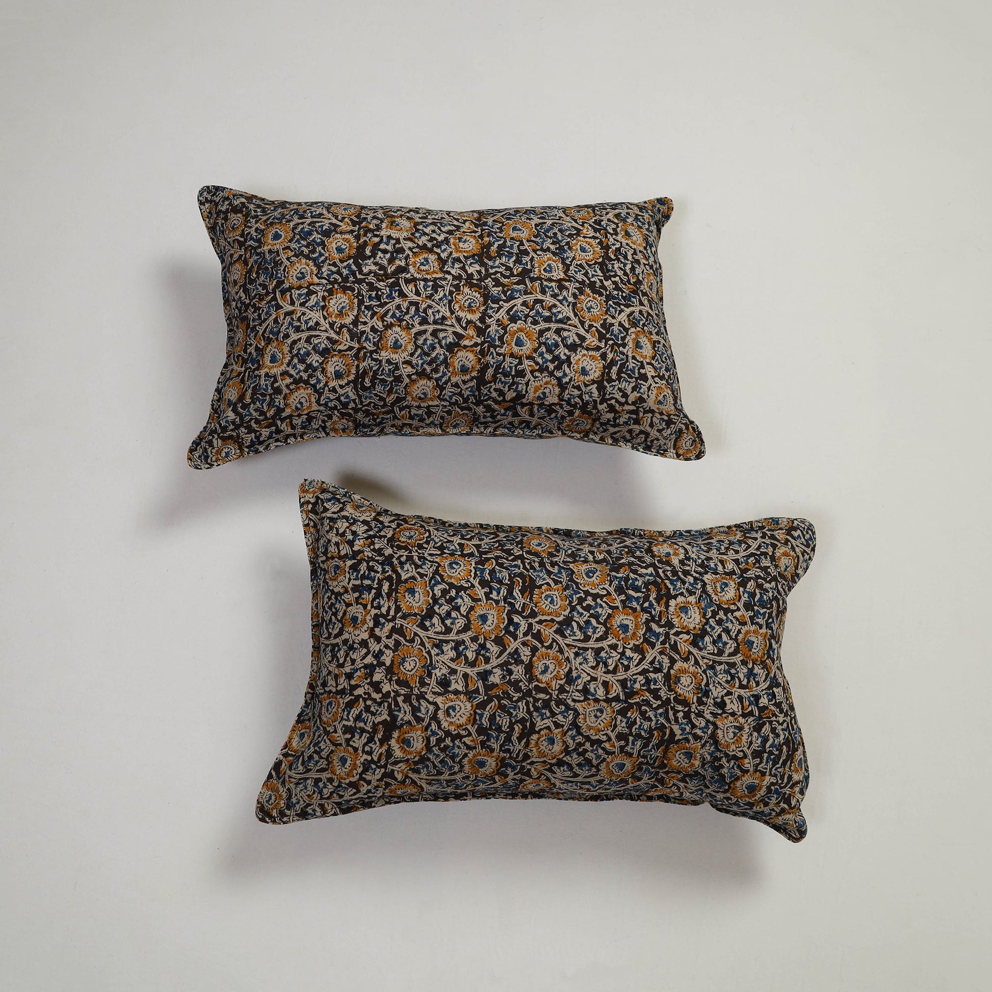 Black - Set of 2 Kalamkari Block Print Cotton Pillow Covers 11