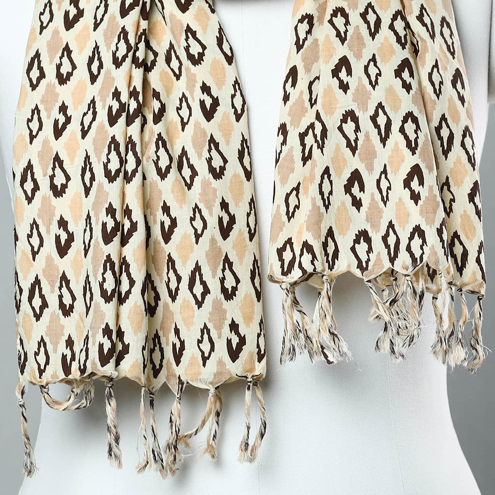 Brown - Sanganeri Block Printed Cotton Stole with Tassels 108