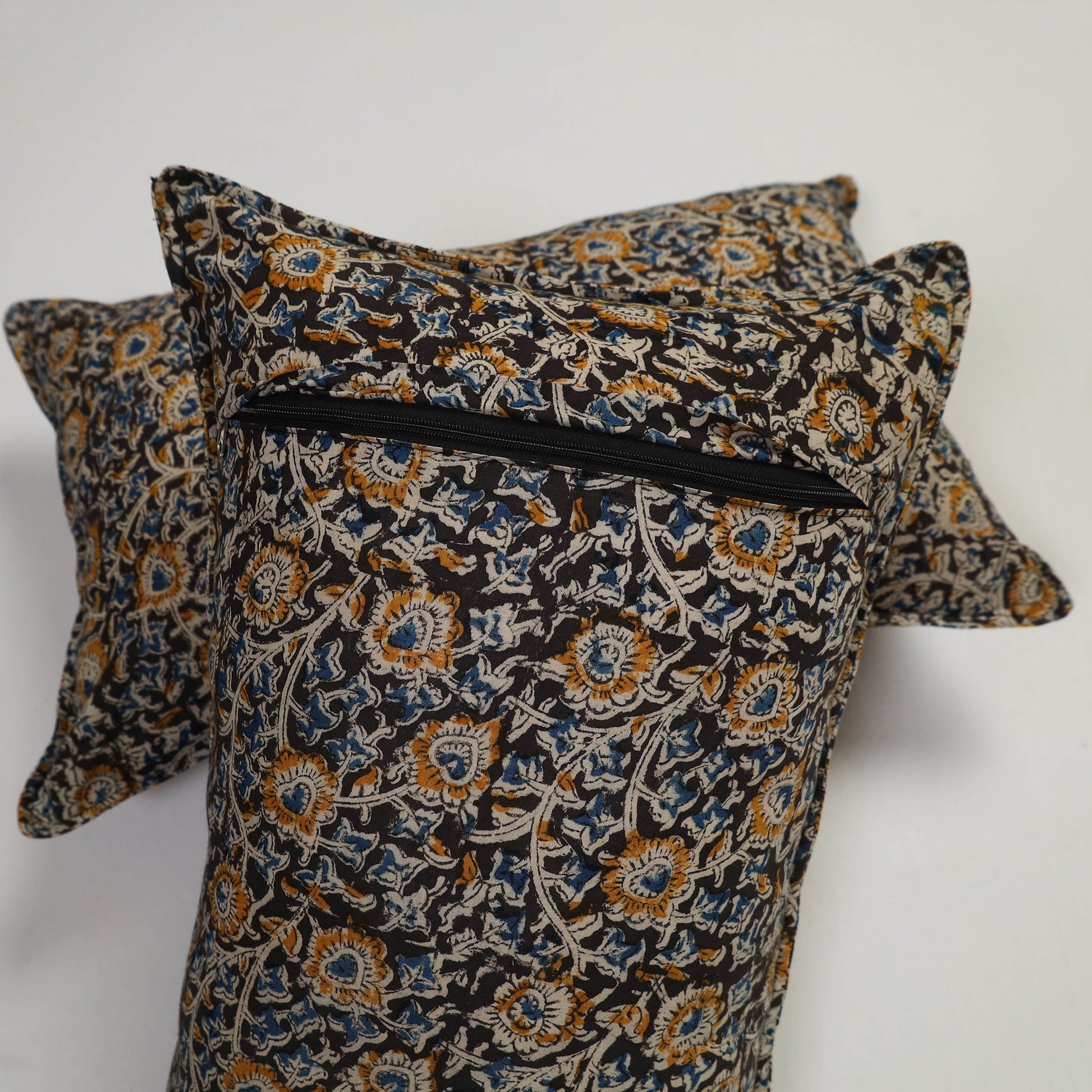 Black - Set of 2 Kalamkari Block Print Cotton Pillow Covers 11