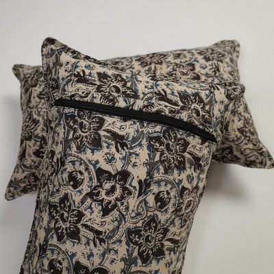 Beige - Set of 2 Kalamkari Block Print Cotton Pillow Covers 12