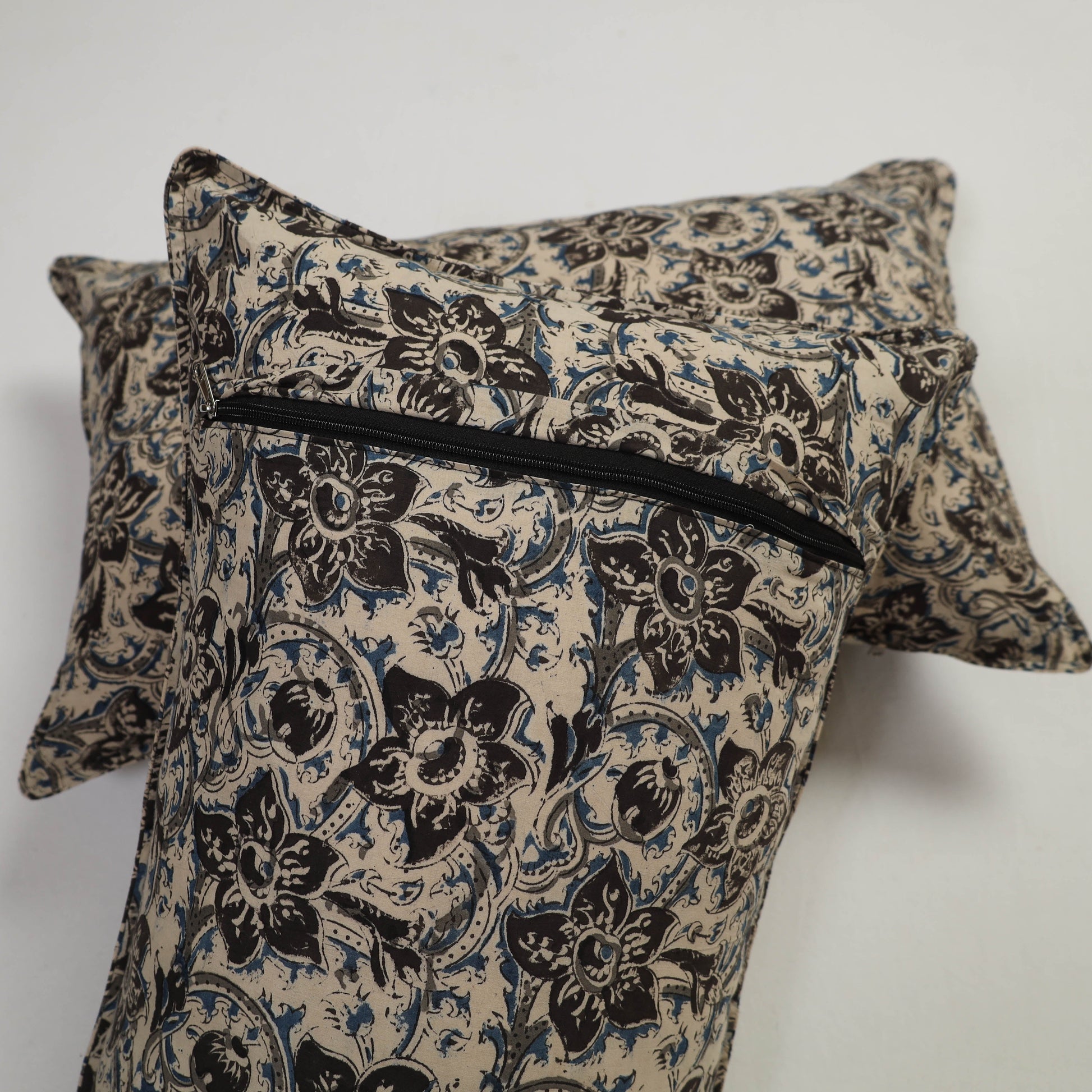 Beige - Set of 2 Kalamkari Block Print Cotton Pillow Covers 12