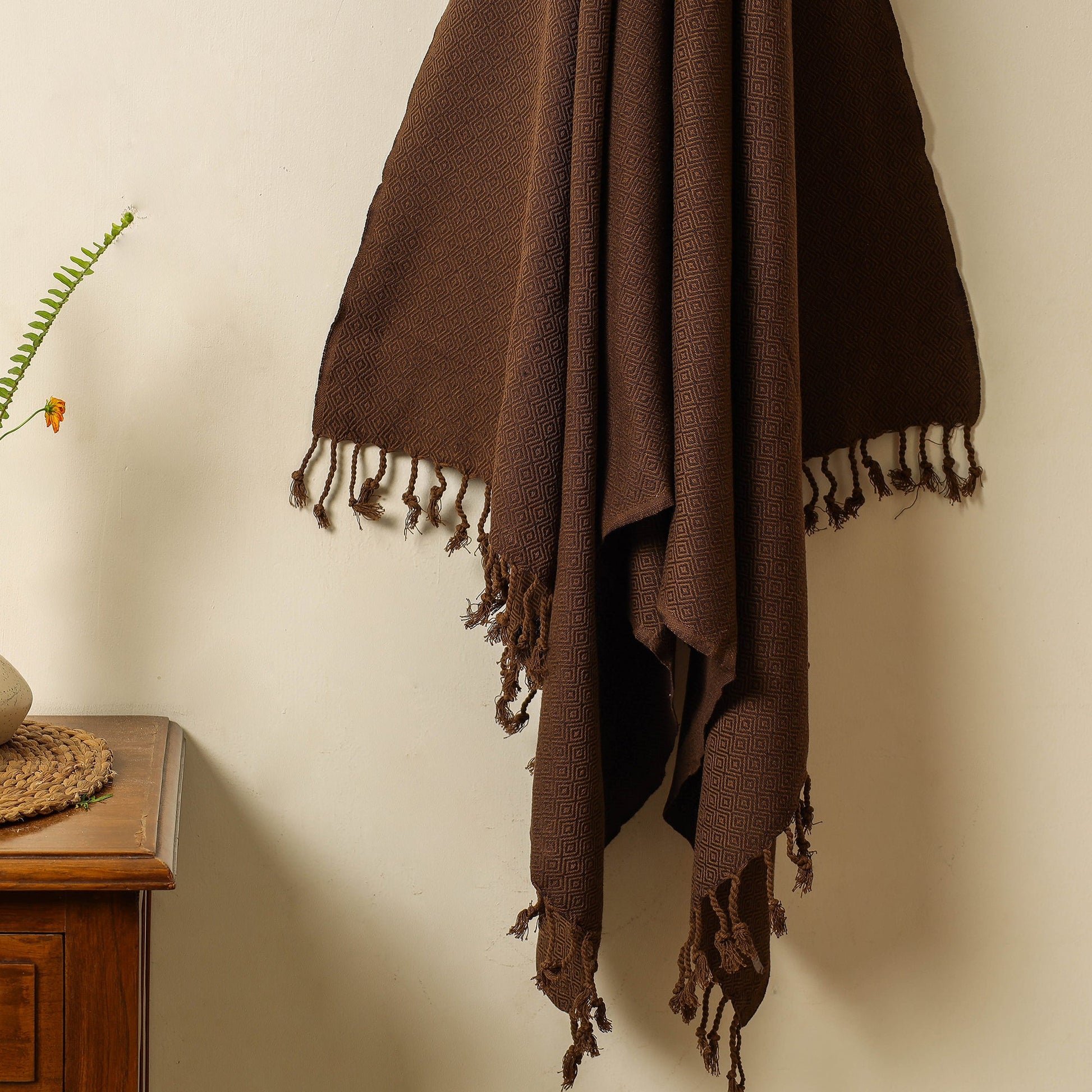 Brown - Handloom Cotton Towel with Tassels from Bijnor by Nizam