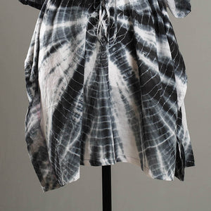 Black - Shibori Tie-Dye Cotton Kaftan with Tie-Up Waist (Medium)