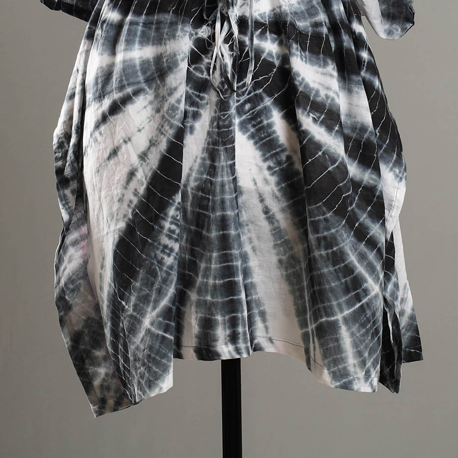 Black - Shibori Tie-Dye Cotton Kaftan with Tie-Up Waist (Medium)