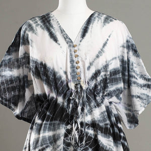 Black - Shibori Tie-Dye Cotton Kaftan with Tie-Up Waist (Medium)