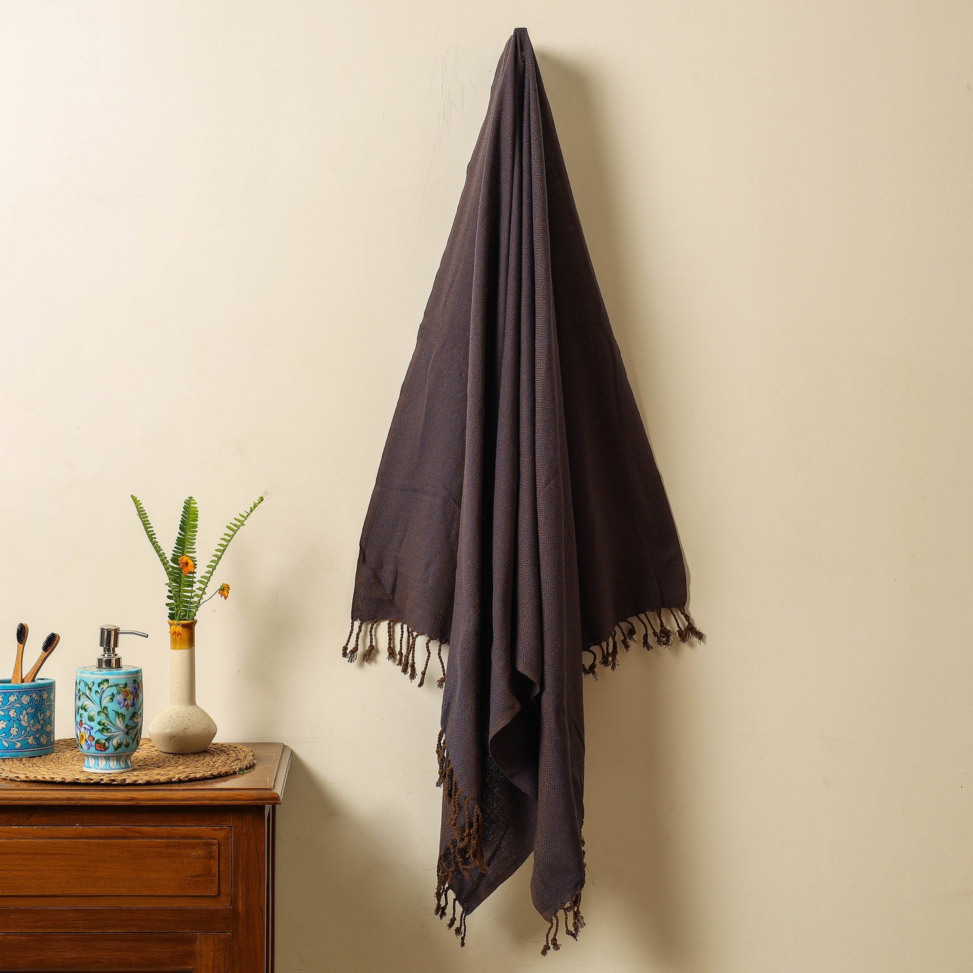 Brown - Handloom Cotton Towel with Tassels from Bijnor by Nizam