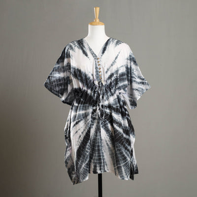 Black - Shibori Tie-Dye Cotton Kaftan with Tie-Up Waist (Medium)