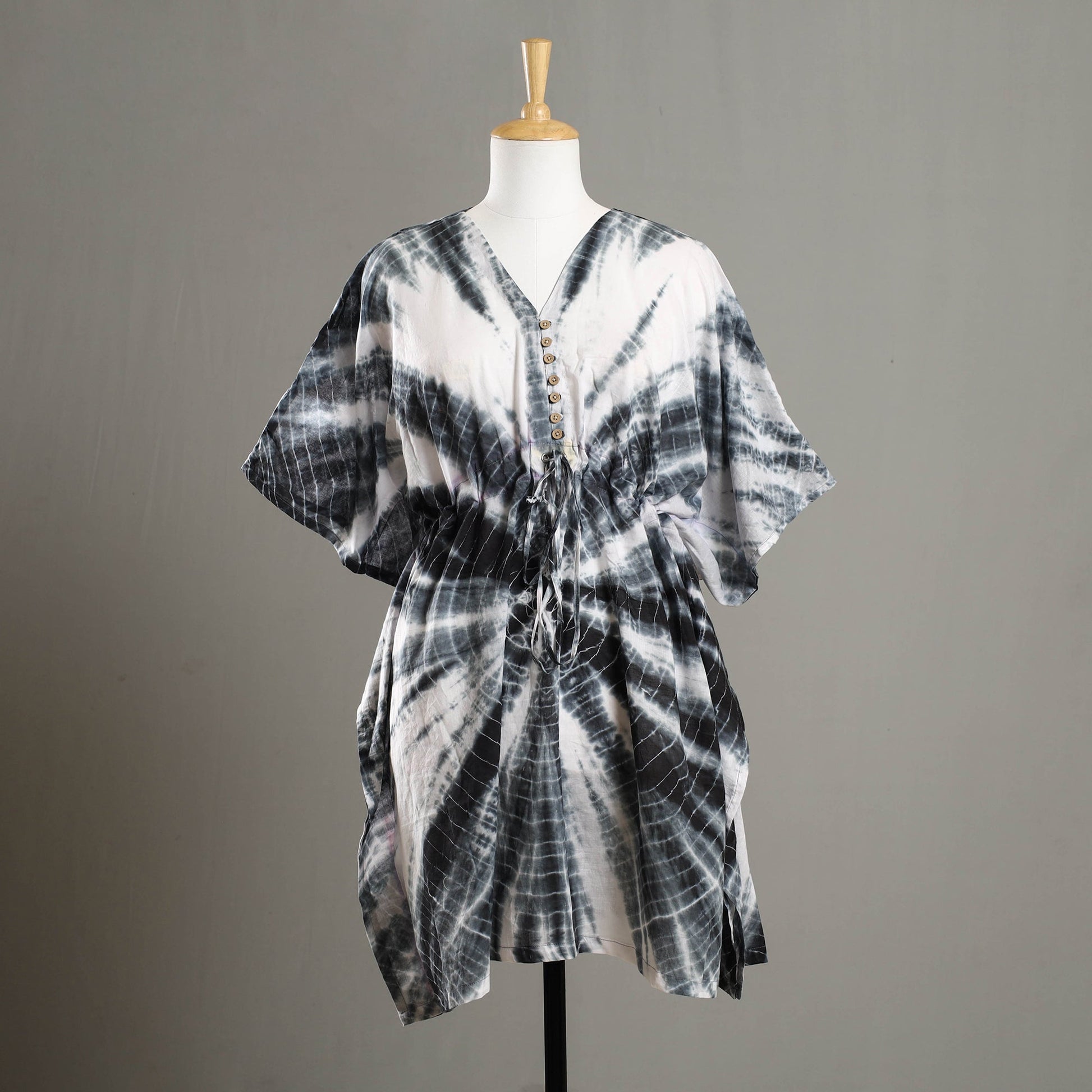 Black - Shibori Tie-Dye Cotton Kaftan with Tie-Up Waist (Medium)