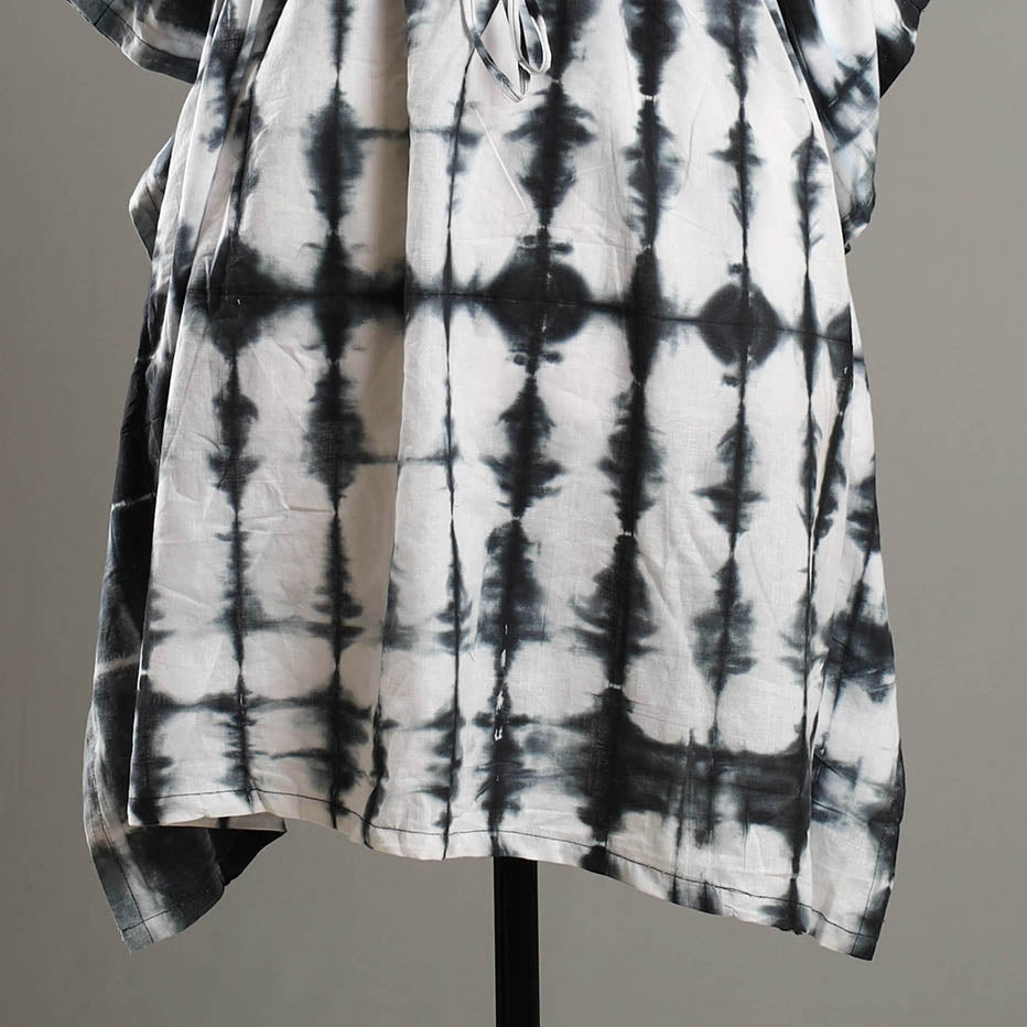 Black - Shibori Tie-Dye Cotton Kaftan with Tie-Up Waist (Medium)
