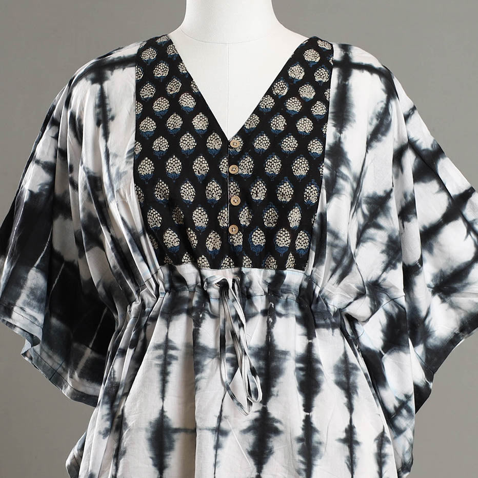 Black - Shibori Tie-Dye Cotton Kaftan with Tie-Up Waist (Medium)