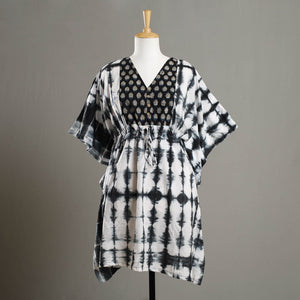 Black - Shibori Tie-Dye Cotton Kaftan with Tie-Up Waist (Medium)