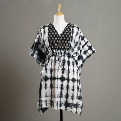 Black - Shibori Tie-Dye Cotton Kaftan with Tie-Up Waist (Medium)