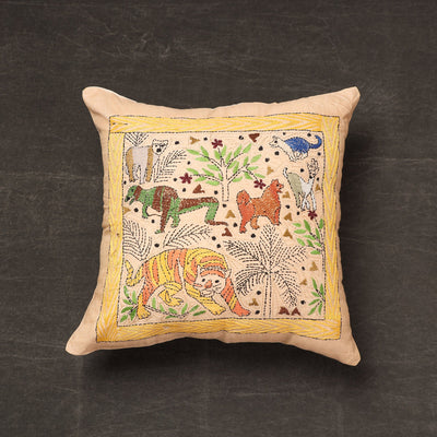 Beige - Bengal Kantha Embroidery Silk Cushion Cover (14 x 13 in) 20