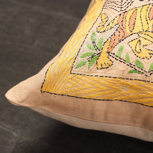 Beige - Bengal Kantha Embroidery Silk Cushion Cover (14 x 13 in) 20