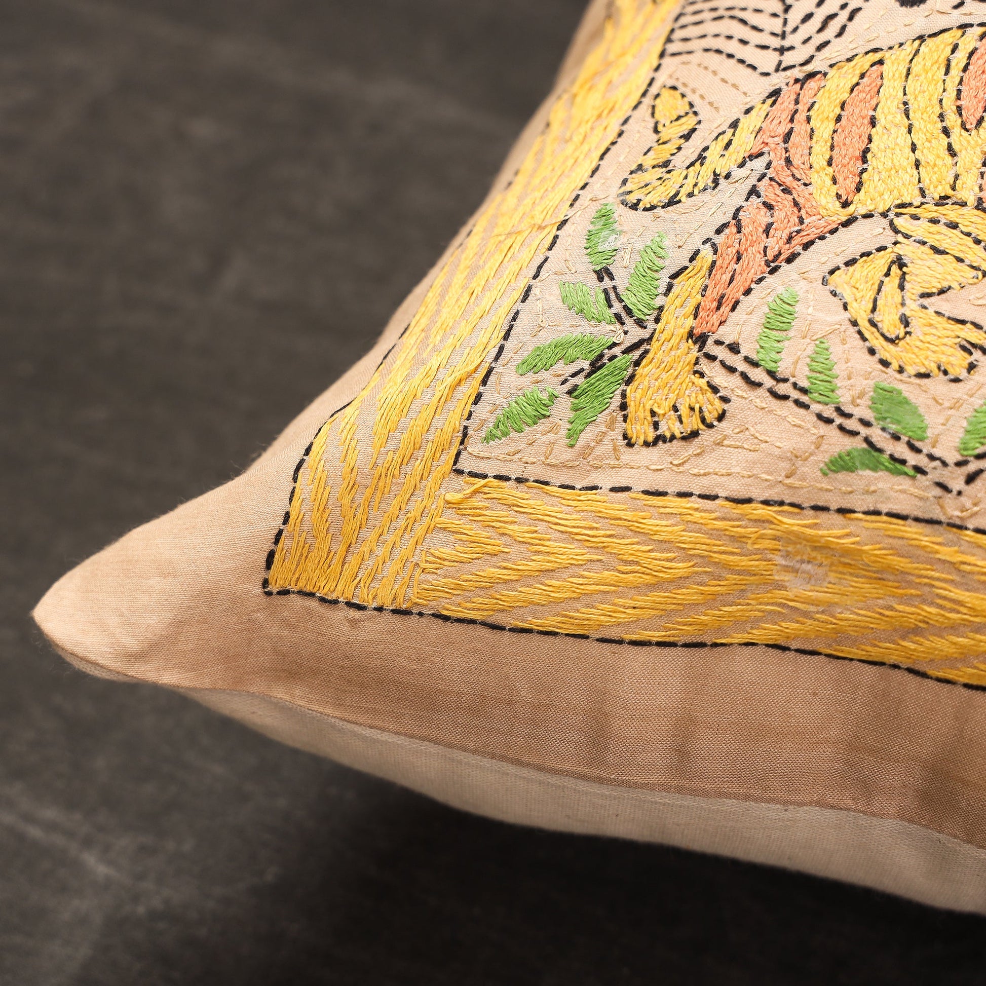 Beige - Bengal Kantha Embroidery Silk Cushion Cover (14 x 13 in) 20