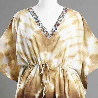 Brown - Shibori Tie-Dye Cotton Kaftan with Tie-Up Waist (Medium)