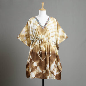 Brown - Shibori Tie-Dye Cotton Kaftan with Tie-Up Waist (Medium)