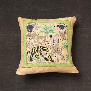 Beige - Bengal Kantha Embroidery Silk Cushion Cover (15 x 15 in) 04