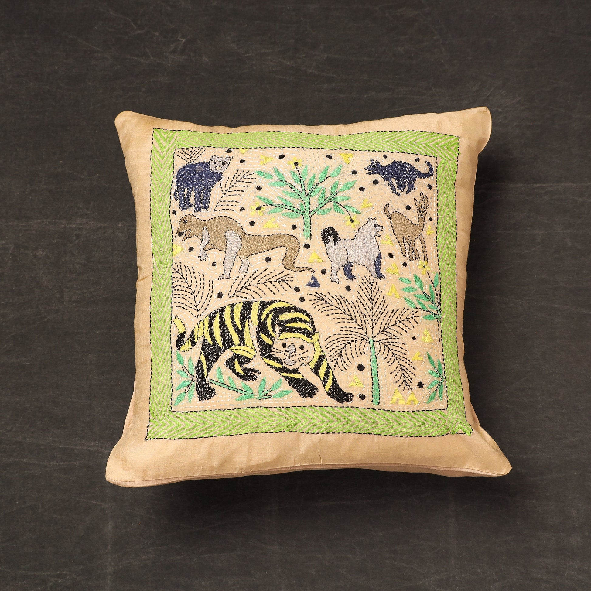 Beige - Bengal Kantha Embroidery Silk Cushion Cover (15 x 15 in) 04