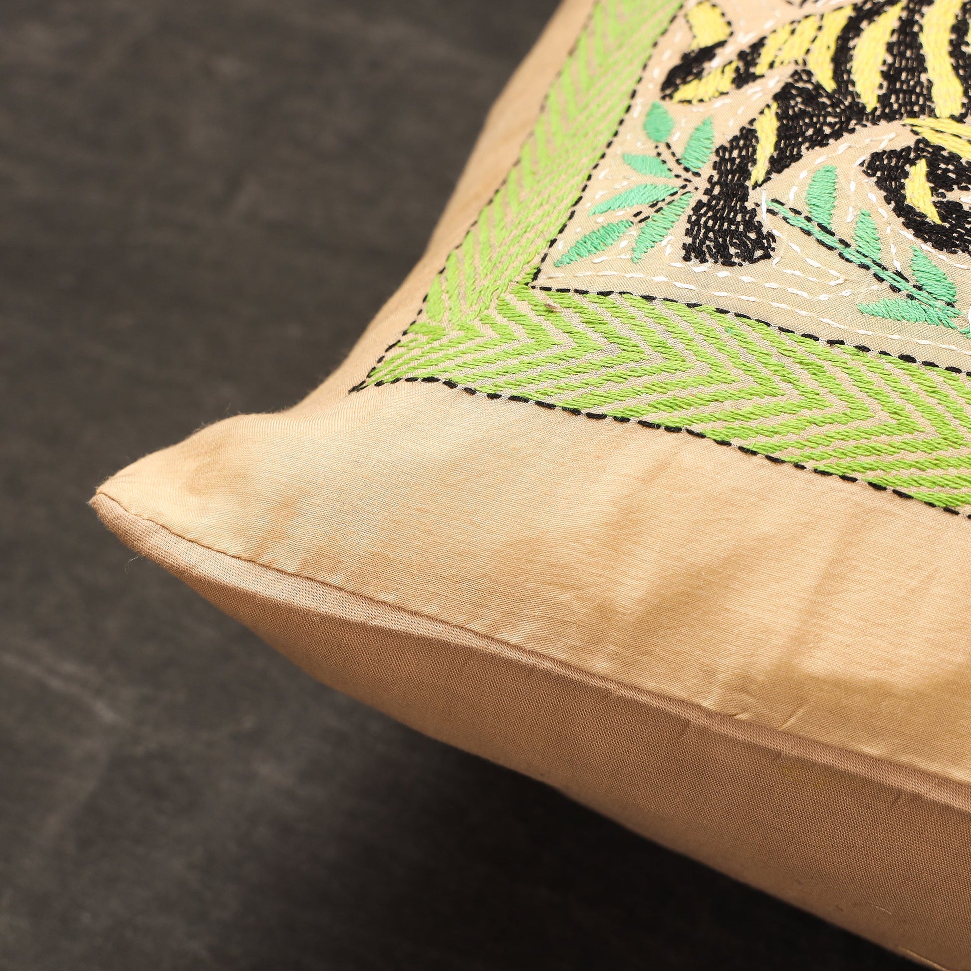 Beige - Bengal Kantha Embroidery Silk Cushion Cover (15 x 15 in) 04
