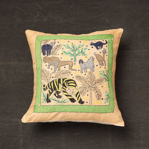 Beige - Bengal Kantha Embroidery Silk Cushion Cover (16 x 16 in) 03