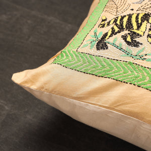 Beige - Bengal Kantha Embroidery Silk Cushion Cover (16 x 16 in) 03