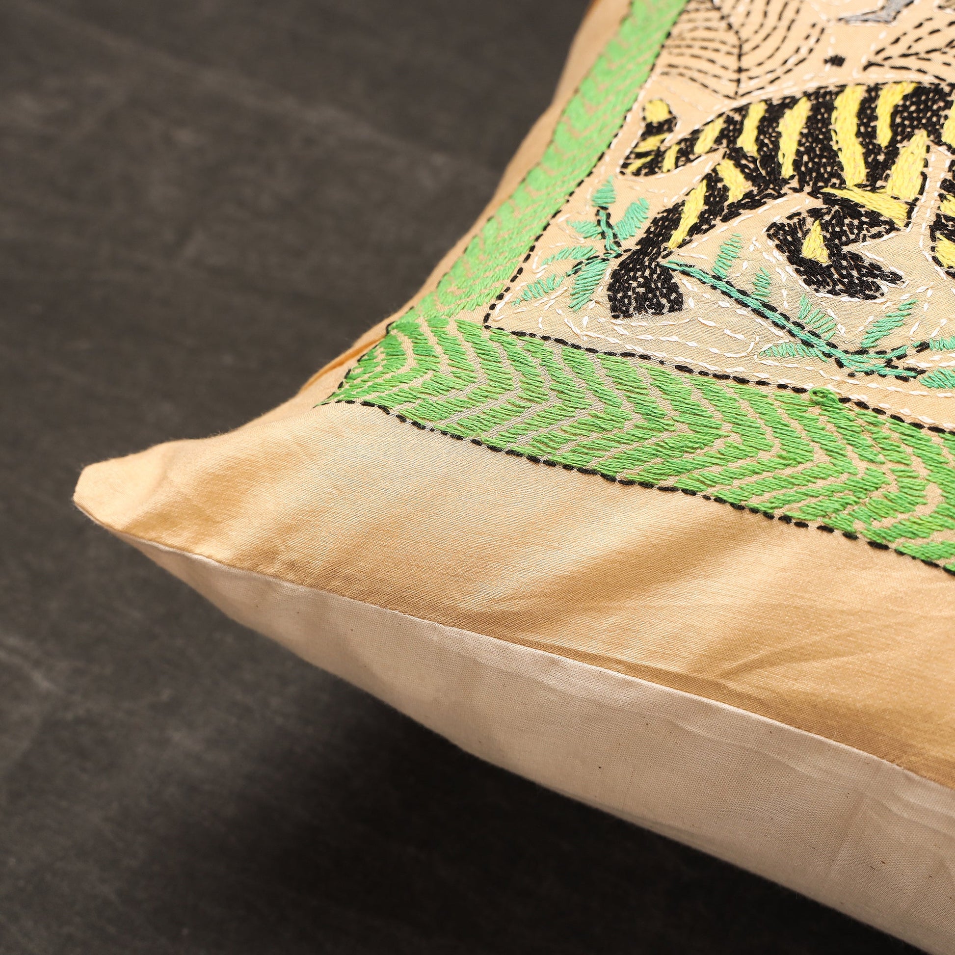 Beige - Bengal Kantha Embroidery Silk Cushion Cover (16 x 16 in) 03