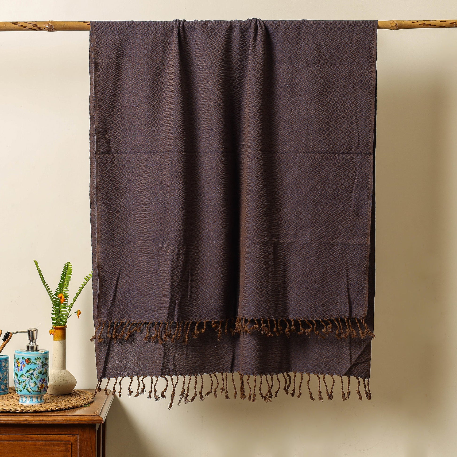 Brown - Handloom Cotton Towel with Tassels from Bijnor by Nizam