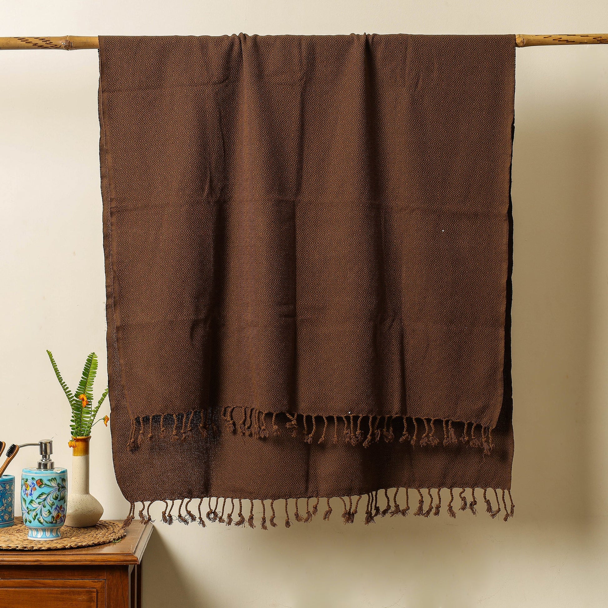 Brown - Handloom Cotton Towel with Tassels from Bijnor by Nizam