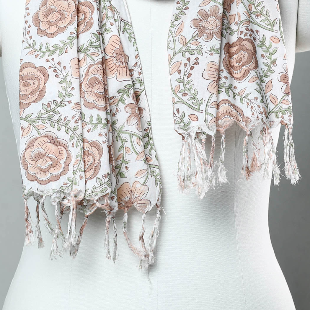 Brown  - Sanganeri Block Printed Cotton Stole with Tassels 169