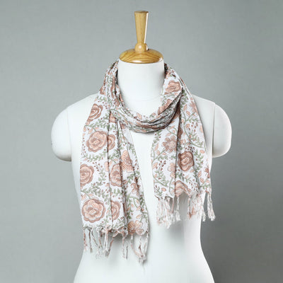 Brown  - Sanganeri Block Printed Cotton Stole with Tassels 169