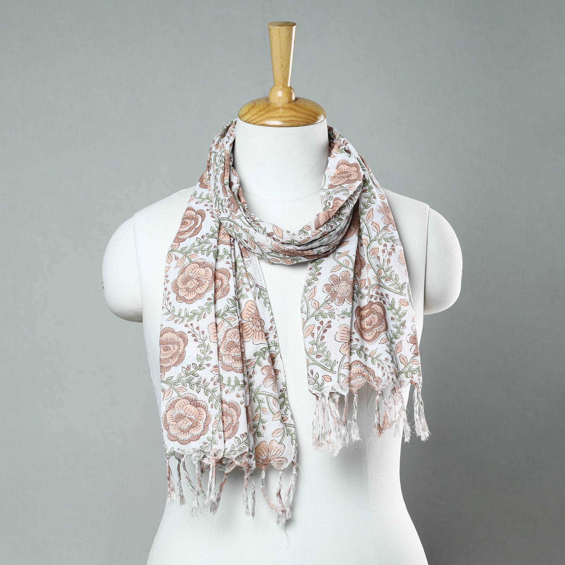 Brown  - Sanganeri Block Printed Cotton Stole with Tassels 169