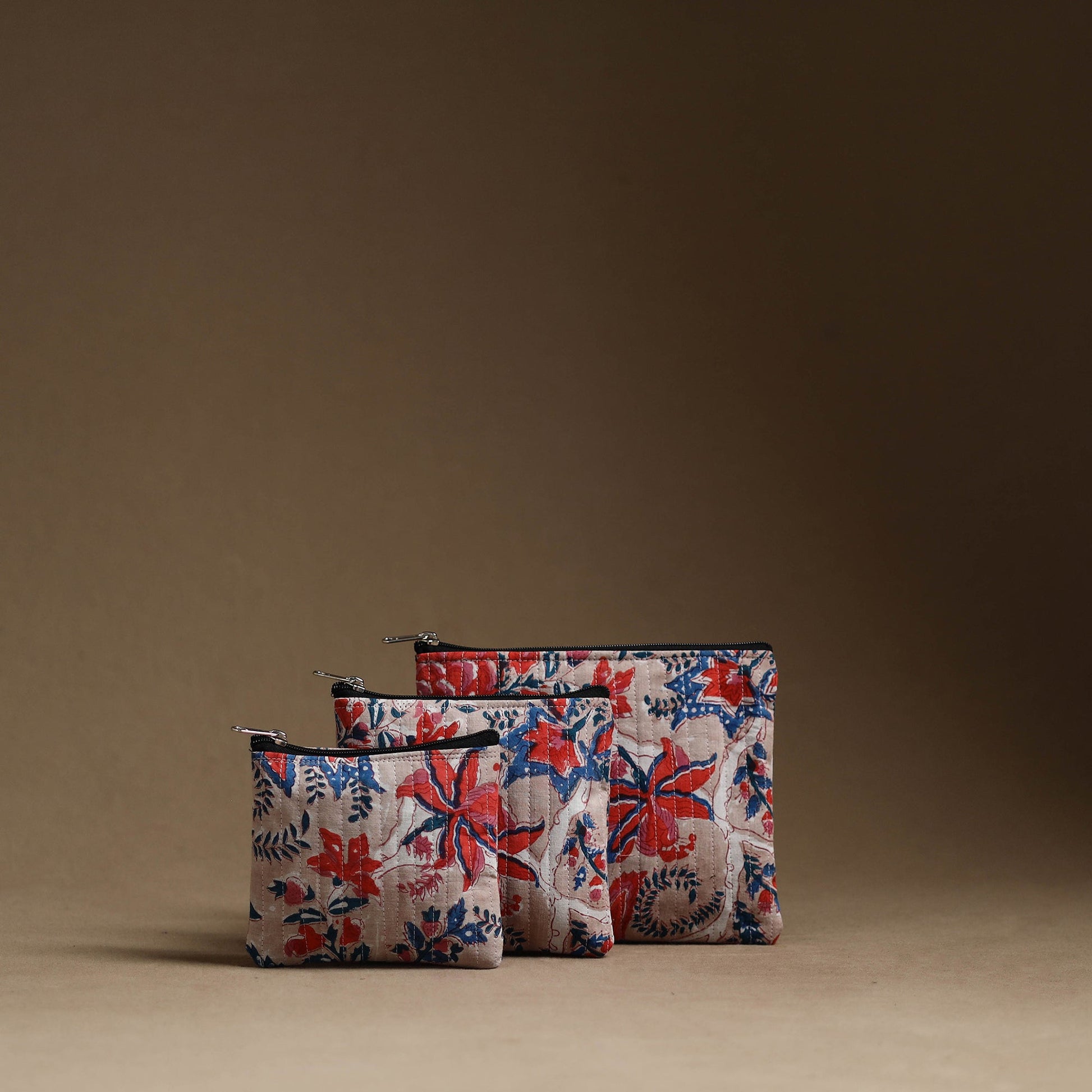 Beige - Multicolor - Handmade Cotton Multipurpose Utility Pouches (set of 3) 11