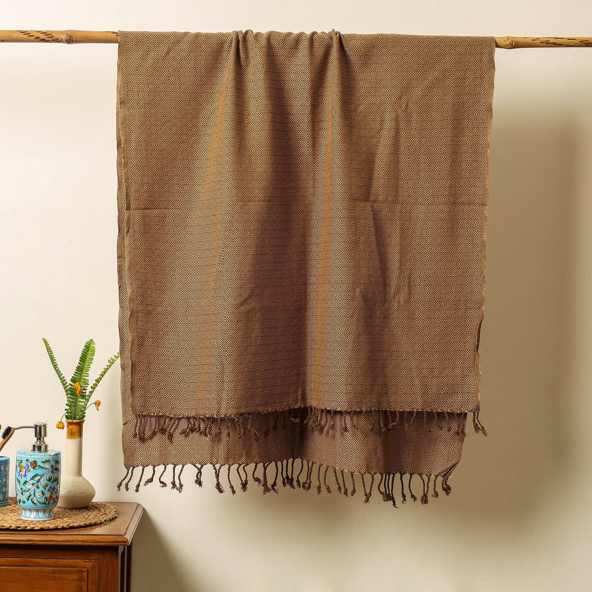Brown - Handloom Cotton Towel with Tassels from Bijnor by Nizam