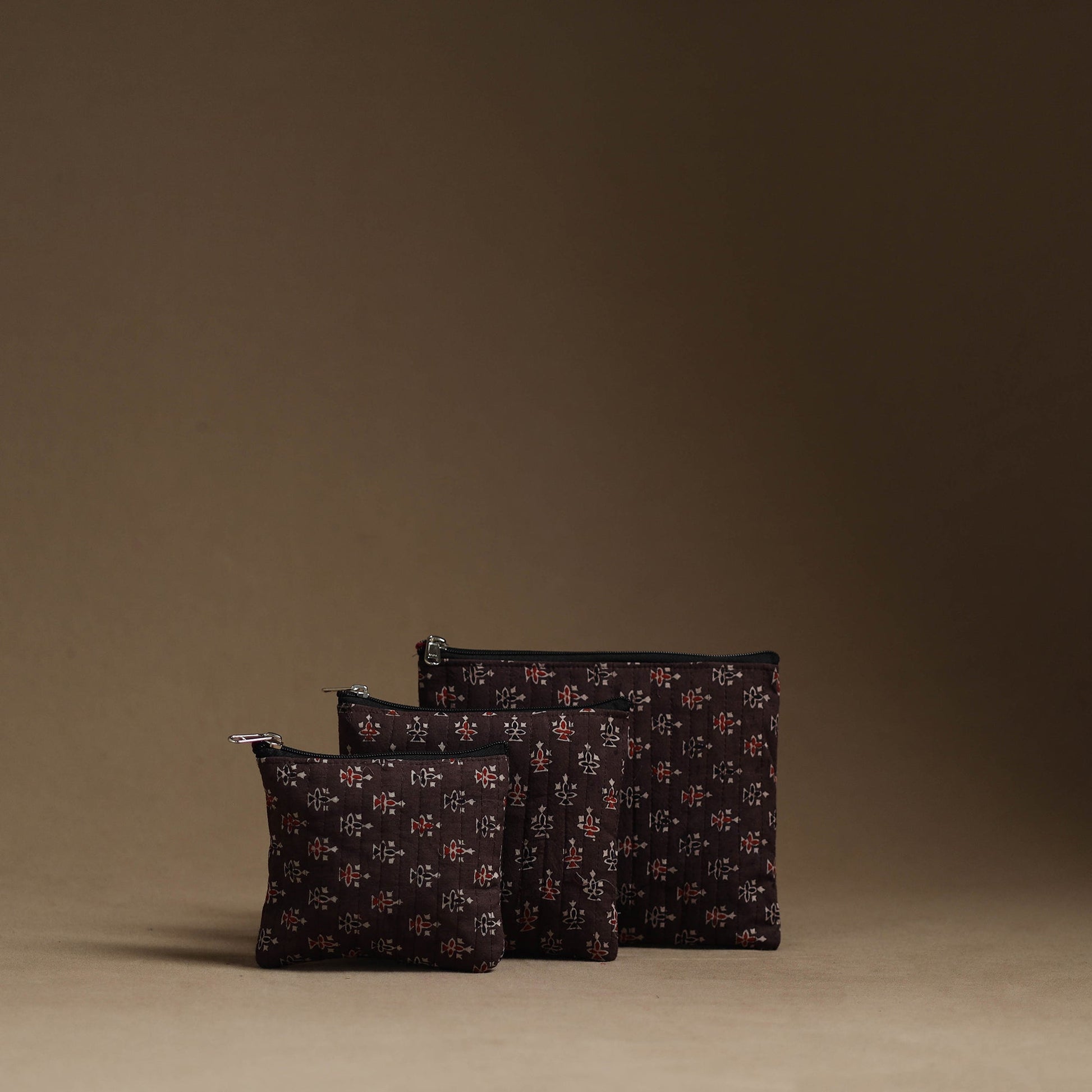 Brown - Handmade Cotton Multipurpose Utility Pouches (set of 3) 12
