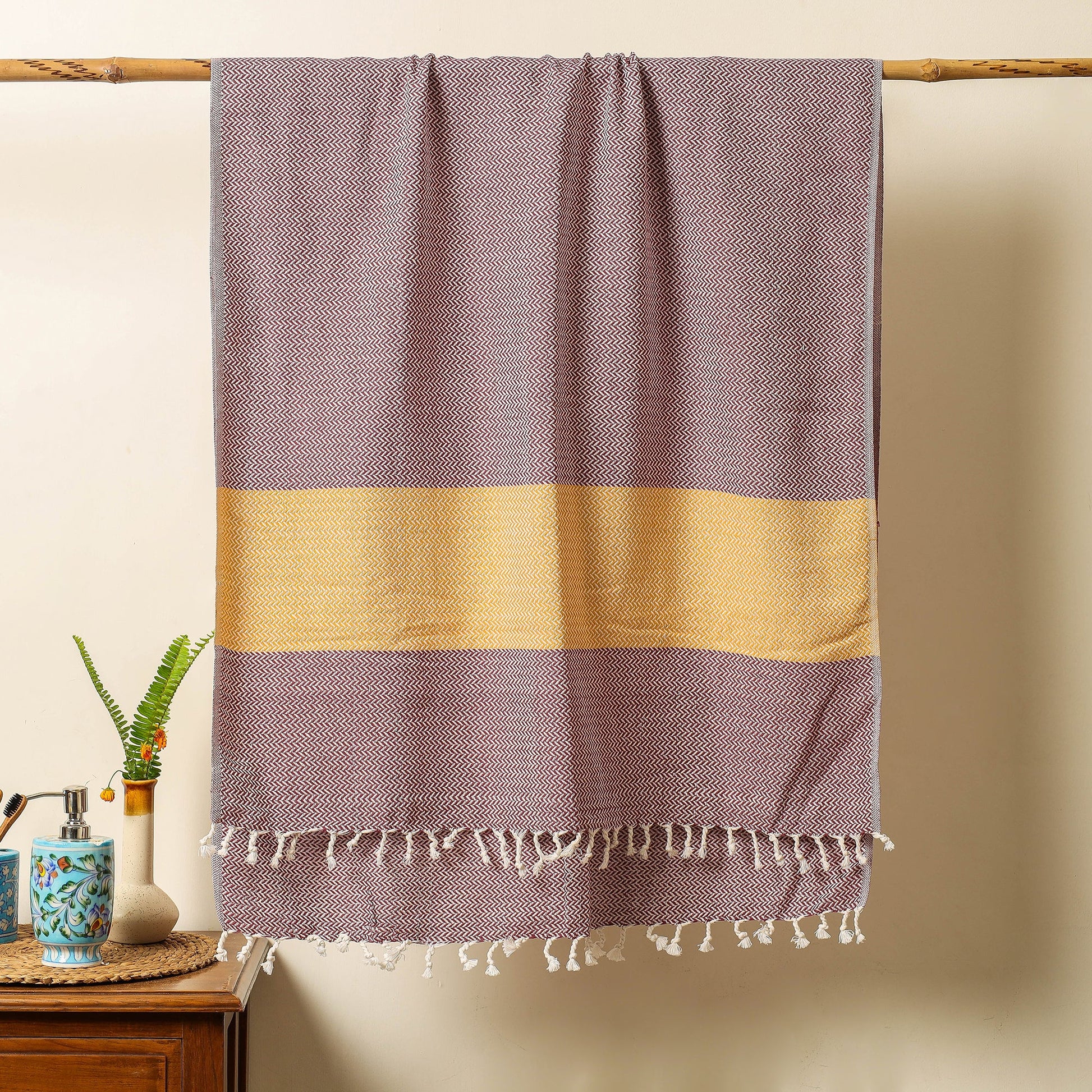 Brown - Handloom Cotton Towel with Tassels from Bijnor by Nizam
