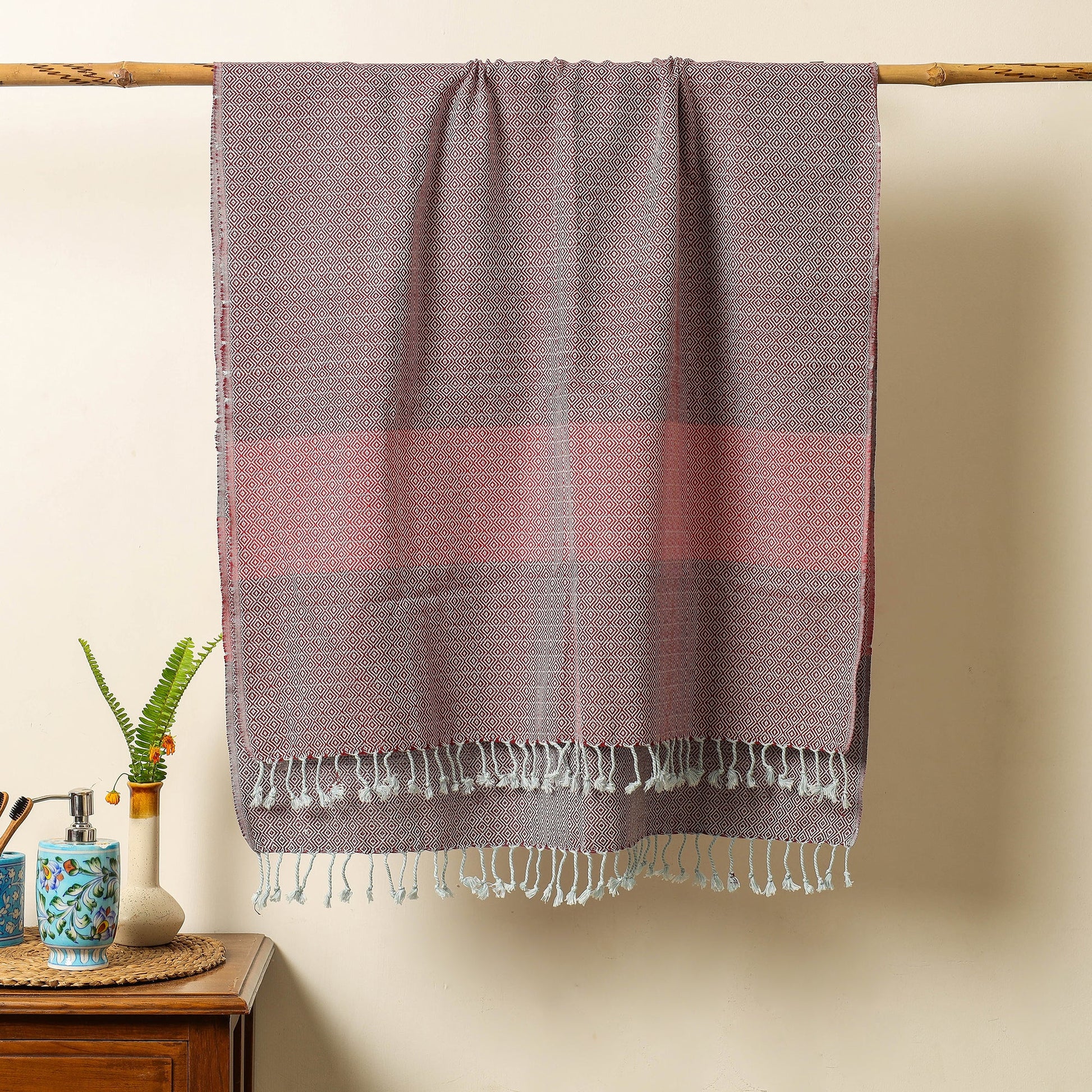 Brown - Handloom Cotton Towel with Tassels from Bijnor by Nizam